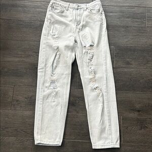 Distressed light wash high rise mom jeans